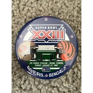 1989 SUPER BOWL XXIII 49ers Bengals 3.5" NFL Licensed Metal BUTTON PIN Jo Robbie